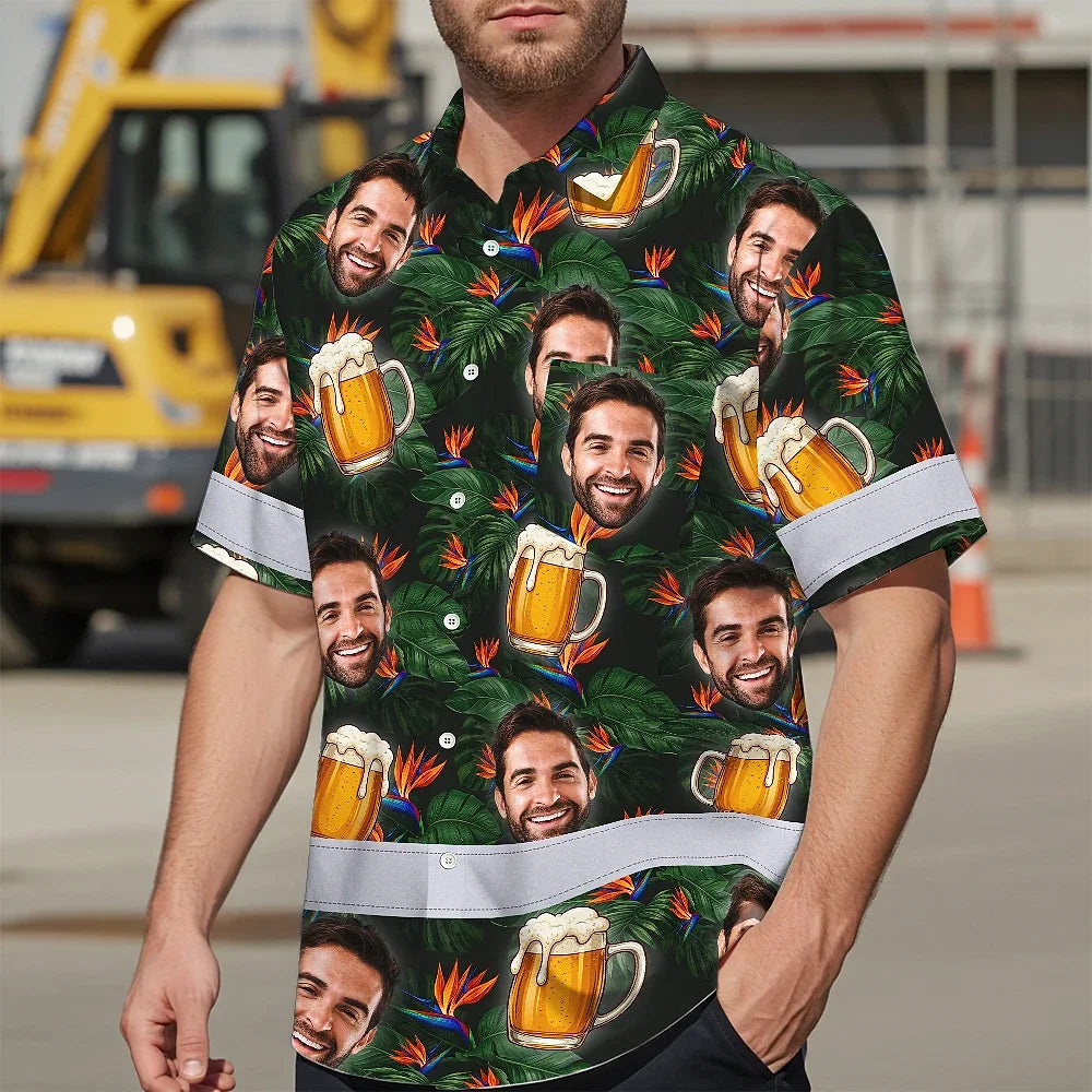 Hi Vis Hawaiian Shirt Reflective Tapes Green Orange Drink Tropical Cocktail Beer Print Custom Name Safety Workwear For Workers, Truckers, Operators