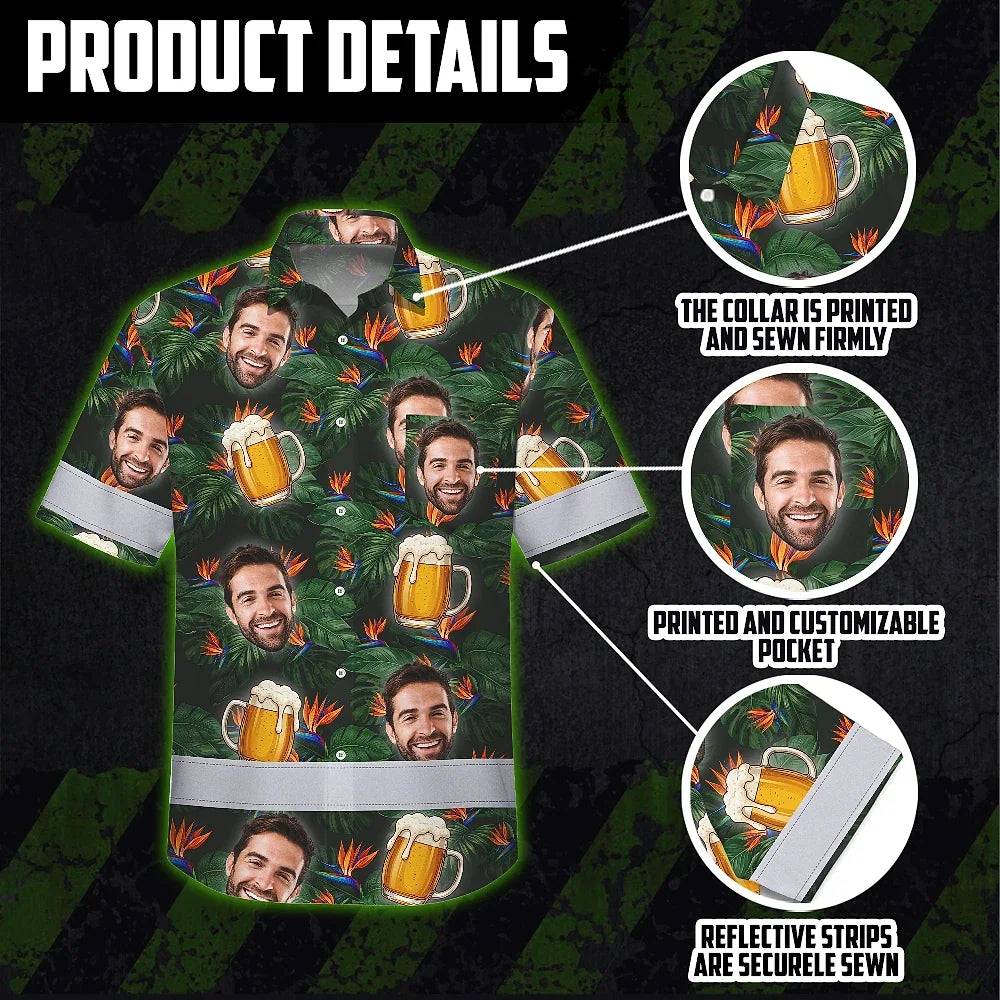 Hi Vis Hawaiian Shirt Reflective Tapes Green Orange Drink Tropical Cocktail Beer Print Custom Name Safety Workwear For Workers, Truckers, Operators
