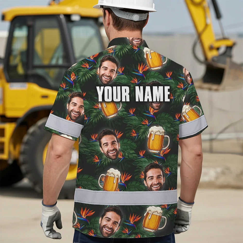 Hi Vis Hawaiian Shirt Reflective Tapes Green Orange Drink Tropical Cocktail Beer Print Custom Name Safety Workwear For Workers, Truckers, Operators
