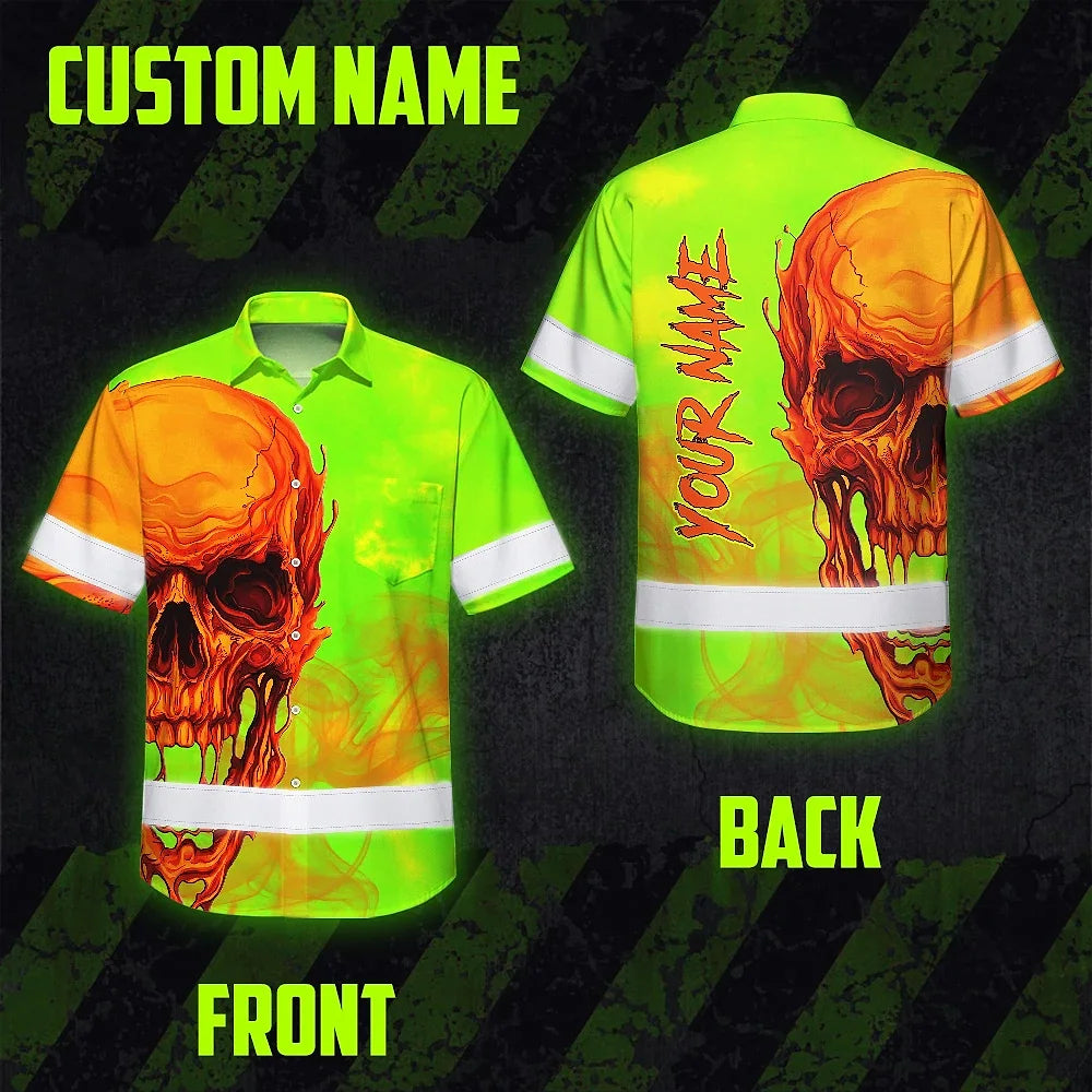 Hi Vis Hawaiian Shirt Reflective Tapes Green Orange Skull Custom Name Safety Workwear For Workers, Truckers, Operators