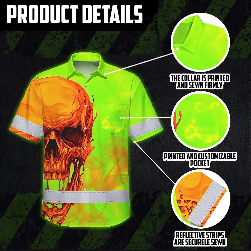 Hi Vis Hawaiian Shirt Reflective Tapes Green Orange Skull Custom Name Safety Workwear For Workers, Truckers, Operators