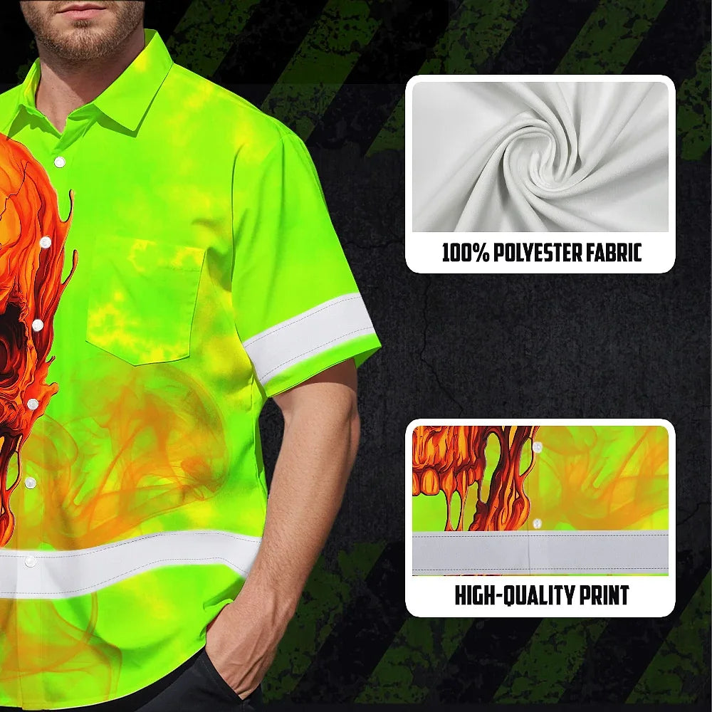 Hi Vis Hawaiian Shirt Reflective Tapes Green Orange Skull Custom Name Safety Workwear For Workers, Truckers, Operators