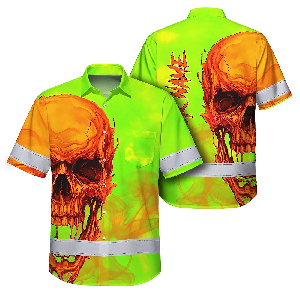 Hi Vis Hawaiian Shirt Reflective Tapes Green Orange Skull Custom Name Safety Workwear For Workers, Truckers, Operators