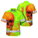 Hi Vis Hawaiian Shirt Reflective Tapes Green Orange Skull Custom Name Safety Workwear For Workers, Truckers, Operators