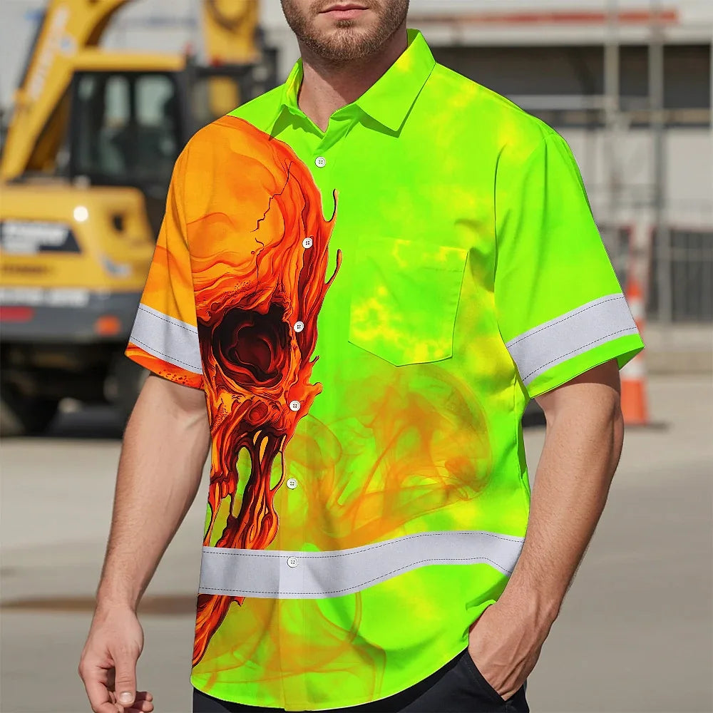 Hi Vis Hawaiian Shirt Reflective Tapes Green Orange Skull Custom Name Safety Workwear For Workers, Truckers, Operators