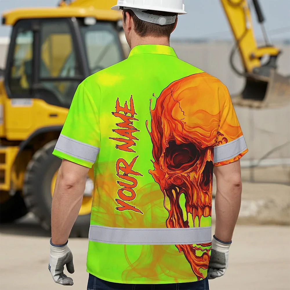 Hi Vis Hawaiian Shirt Reflective Tapes Green Orange Skull Custom Name Safety Workwear For Workers, Truckers, Operators