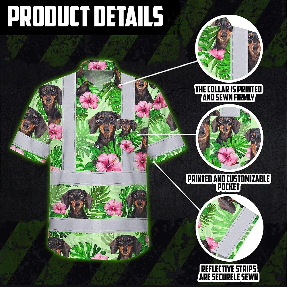 Hi Vis Hawaiian Shirt Reflective Tapes Green Pink Flowers 2 Custom Name And Image Safety Workwear For Workers, Truckers, Operators, Company, Pet Lovers