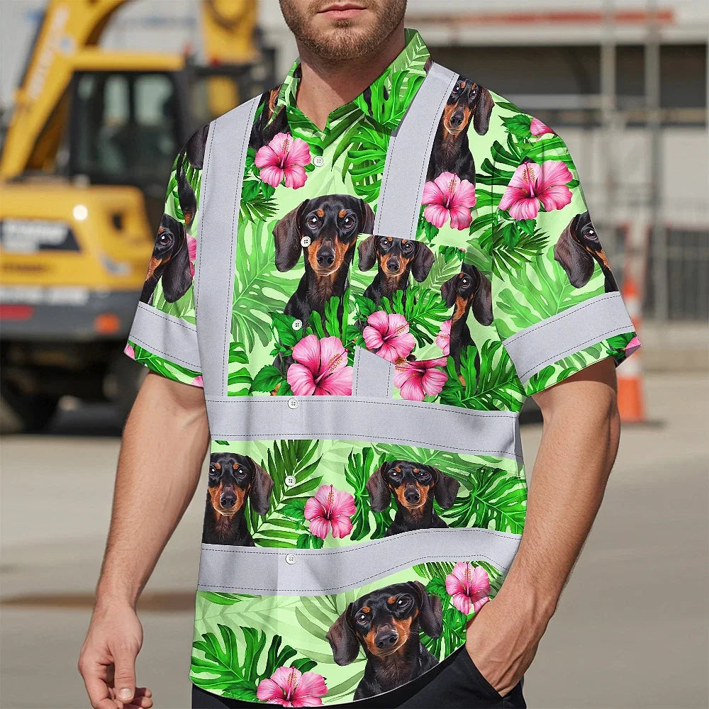 Hi Vis Hawaiian Shirt Reflective Tapes Green Pink Flowers 2 Custom Name And Image Safety Workwear For Workers, Truckers, Operators, Company, Pet Lovers