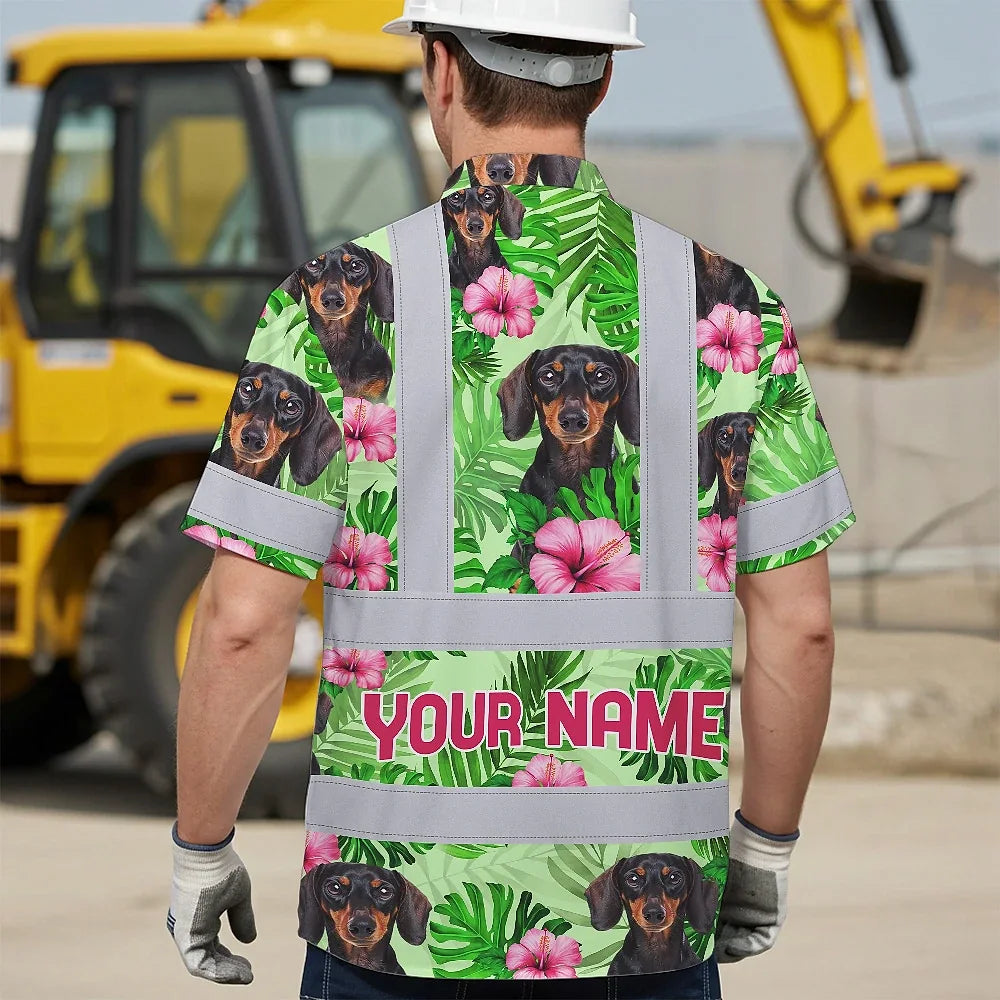 Hi Vis Hawaiian Shirt Reflective Tapes Green Pink Flowers 2 Custom Name And Image Safety Workwear For Workers, Truckers, Operators, Company, Pet Lovers