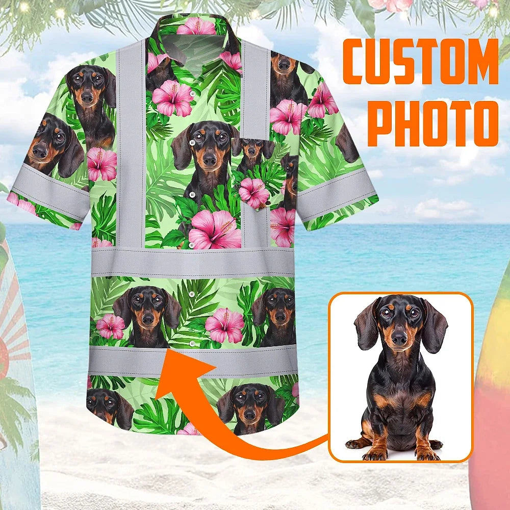 Hi Vis Hawaiian Shirt Reflective Tapes Green Pink Flowers 2 Custom Name And Image Safety Workwear For Workers, Truckers, Operators, Company, Pet Lovers