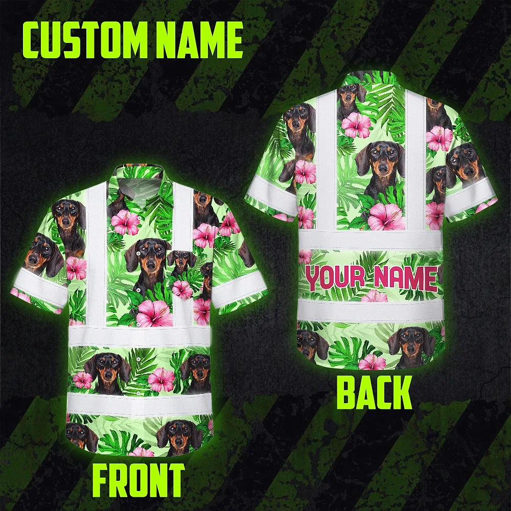 Hi Vis Hawaiian Shirt Reflective Tapes Green Pink Flowers 2 Custom Name And Image Safety Workwear For Workers, Truckers, Operators, Company, Pet Lovers