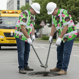 Hi Vis Hawaiian Shirt Reflective Tapes Green Pink Flowers 2 Custom Name And Image Safety Workwear For Workers, Truckers, Operators, Company, Pet Lovers
