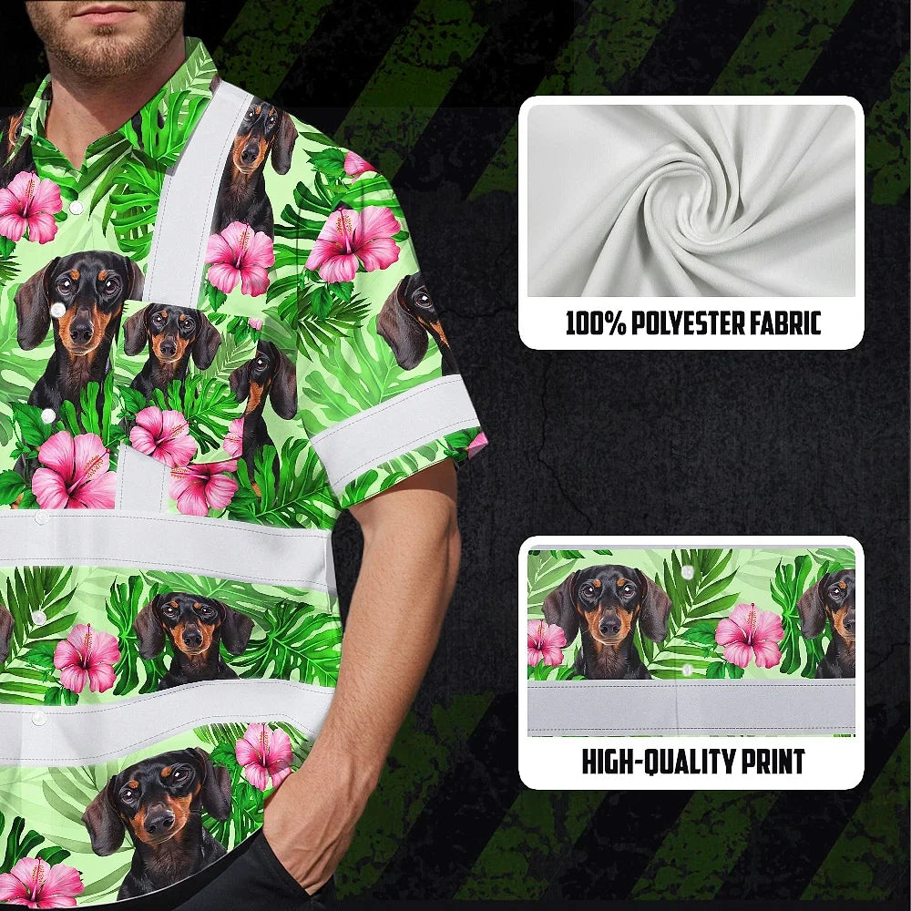 Hi Vis Hawaiian Shirt Reflective Tapes Green Pink Flowers 2 Custom Name And Image Safety Workwear For Workers, Truckers, Operators, Company, Pet Lovers
