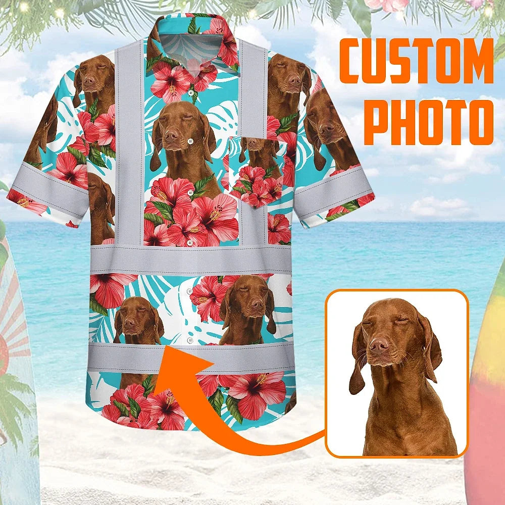 Hi Vis Hawaiian Shirt Reflective Tapes Green Pink Flowers Custom Name And Pet Image Safety Workwear For Workers, Truckers, Operators