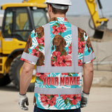 Hi Vis Hawaiian Shirt Reflective Tapes Green Pink Flowers Custom Name And Pet Image Safety Workwear For Workers, Truckers, Operators