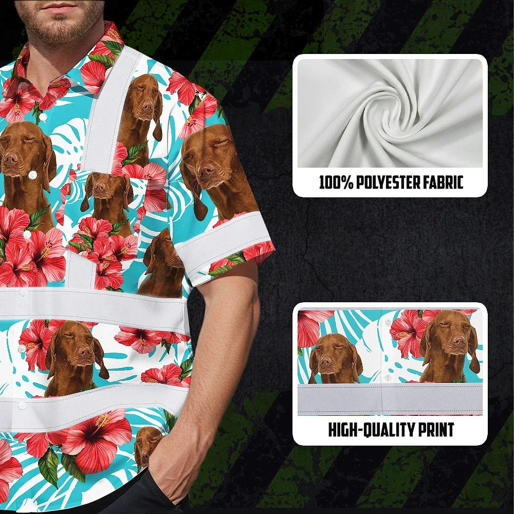 Hi Vis Hawaiian Shirt Reflective Tapes Green Pink Flowers Custom Name And Pet Image Safety Workwear For Workers, Truckers, Operators