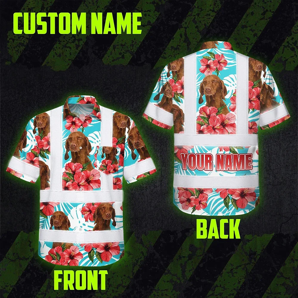 Hi Vis Hawaiian Shirt Reflective Tapes Green Pink Flowers Custom Name And Pet Image Safety Workwear For Workers, Truckers, Operators