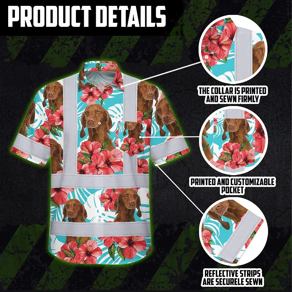 Hi Vis Hawaiian Shirt Reflective Tapes Green Pink Flowers Custom Name And Pet Image Safety Workwear For Workers, Truckers, Operators