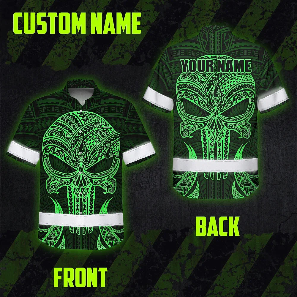 Hi Vis Hawaiian Shirt Reflective Tapes Green Polynesian Skull Custom Name Safety Workwear For Workers, Truckers, Operators