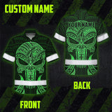 Hi Vis Hawaiian Shirt Reflective Tapes Green Polynesian Skull Custom Name Safety Workwear For Workers, Truckers, Operators