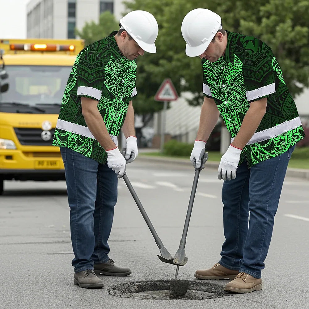 Hi Vis Hawaiian Shirt Reflective Tapes Green Polynesian Skull Custom Name Safety Workwear For Workers, Truckers, Operators