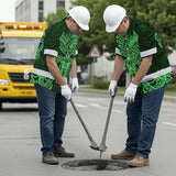 Hi Vis Hawaiian Shirt Reflective Tapes Green Polynesian Skull Custom Name Safety Workwear For Workers, Truckers, Operators