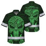 Hi Vis Hawaiian Shirt Reflective Tapes Green Polynesian Skull Custom Name Safety Workwear For Workers, Truckers, Operators