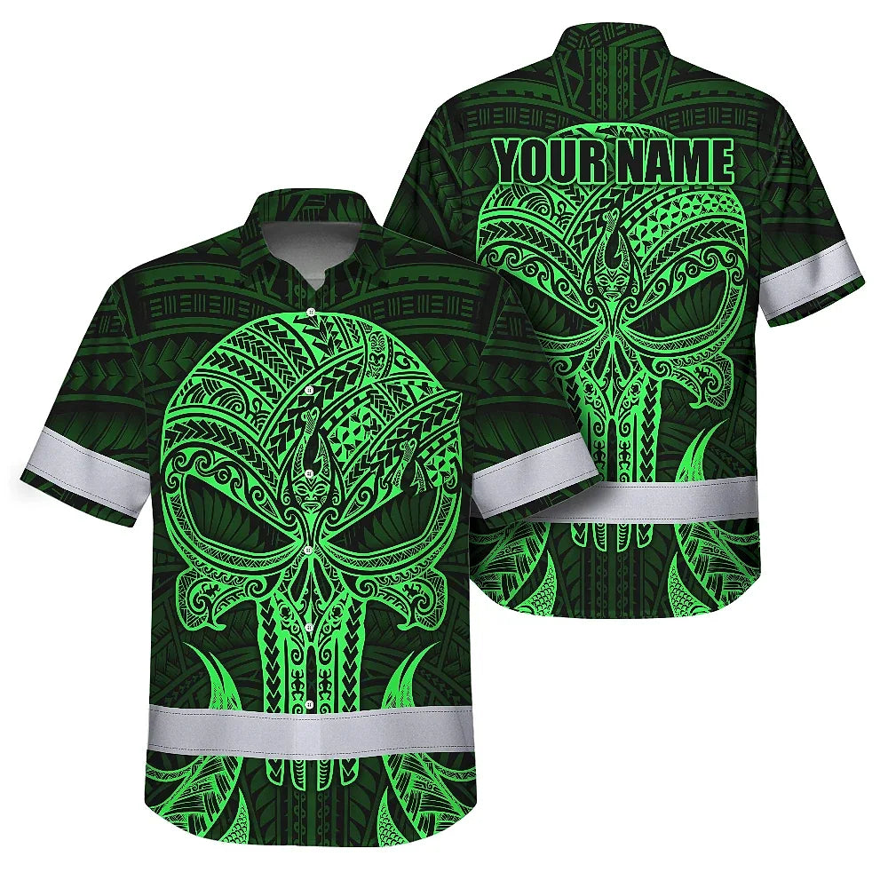 Hi Vis Hawaiian Shirt Reflective Tapes Green Polynesian Skull Custom Name Safety Workwear For Workers, Truckers, Operators