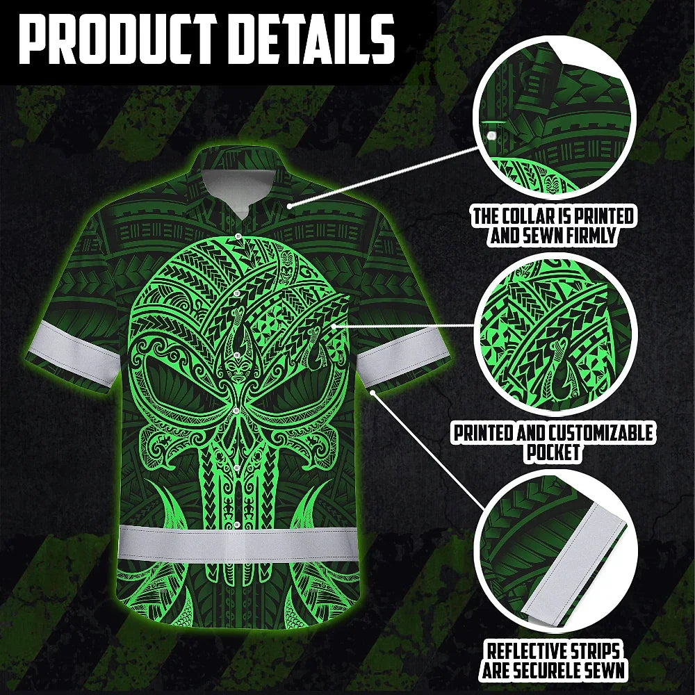 Hi Vis Hawaiian Shirt Reflective Tapes Green Polynesian Skull Custom Name Safety Workwear For Workers, Truckers, Operators