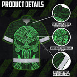 Hi Vis Hawaiian Shirt Reflective Tapes Green Polynesian Skull Custom Name Safety Workwear For Workers, Truckers, Operators