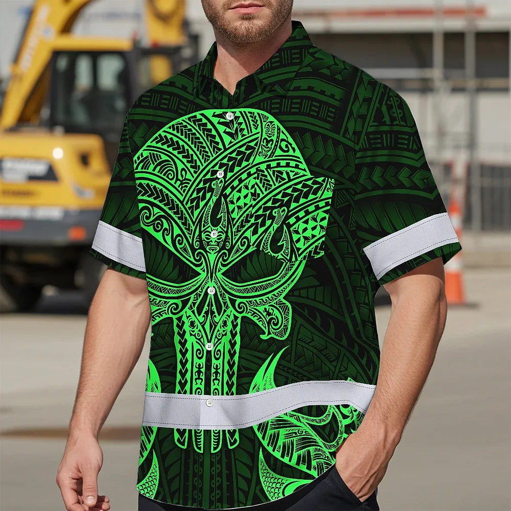 Hi Vis Hawaiian Shirt Reflective Tapes Green Polynesian Skull Custom Name Safety Workwear For Workers, Truckers, Operators