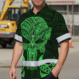 Hi Vis Hawaiian Shirt Reflective Tapes Green Polynesian Skull Custom Name Safety Workwear For Workers, Truckers, Operators