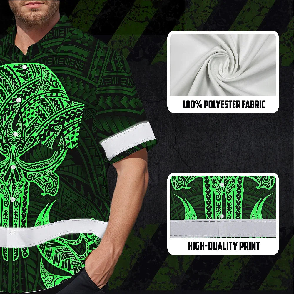 Hi Vis Hawaiian Shirt Reflective Tapes Green Polynesian Skull Custom Name Safety Workwear For Workers, Truckers, Operators