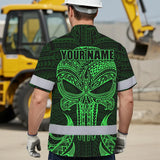 Hi Vis Hawaiian Shirt Reflective Tapes Green Polynesian Skull Custom Name Safety Workwear For Workers, Truckers, Operators