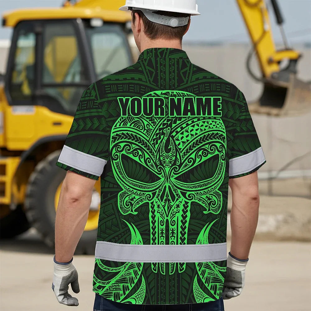 Hi Vis Hawaiian Shirt Reflective Tapes Green Polynesian Skull Custom Name Safety Workwear For Workers, Truckers, Operators