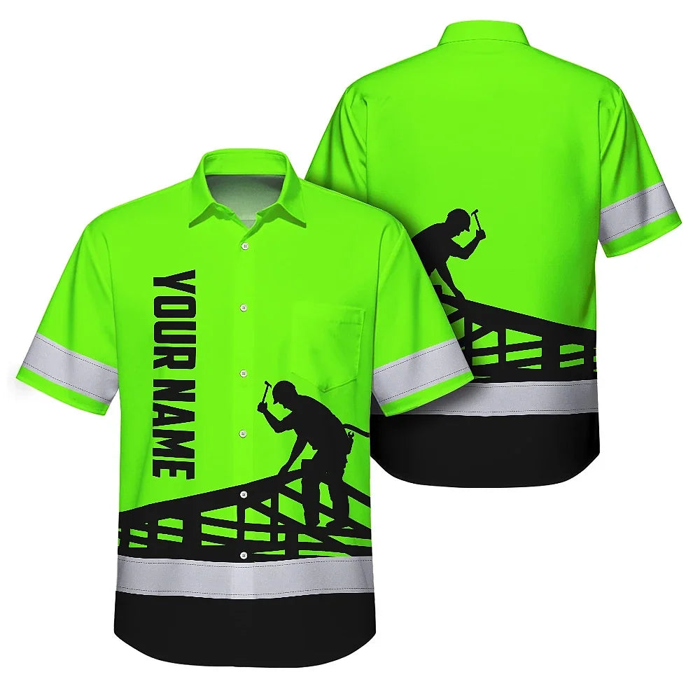 Hi Vis Hawaiian Shirt Reflective Tapes Green Roofer Custom Name Safety Workwear