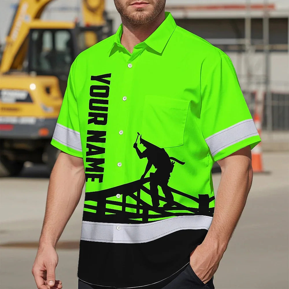 Hi Vis Hawaiian Shirt Reflective Tapes Green Roofer Custom Name Safety Workwear