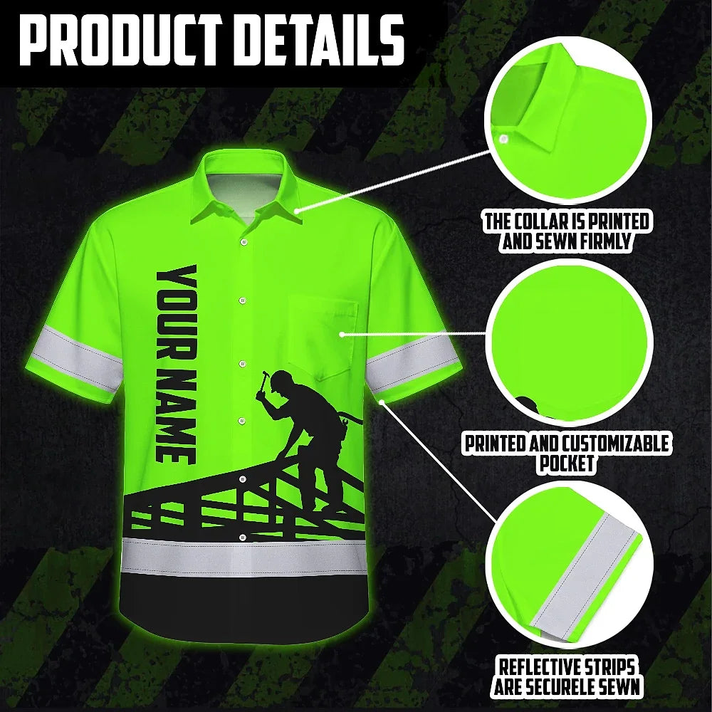 Hi Vis Hawaiian Shirt Reflective Tapes Green Roofer Custom Name Safety Workwear