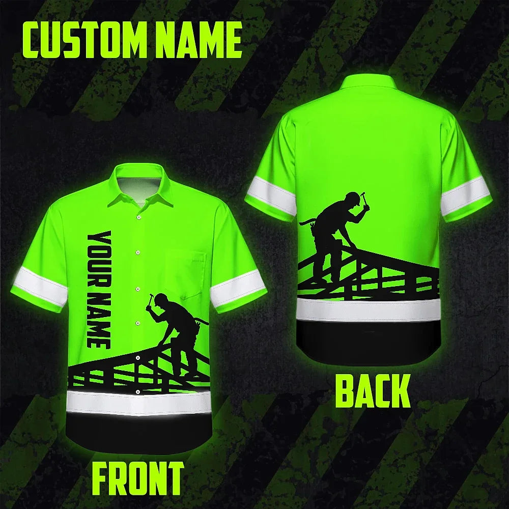 Hi Vis Hawaiian Shirt Reflective Tapes Green Roofer Custom Name Safety Workwear