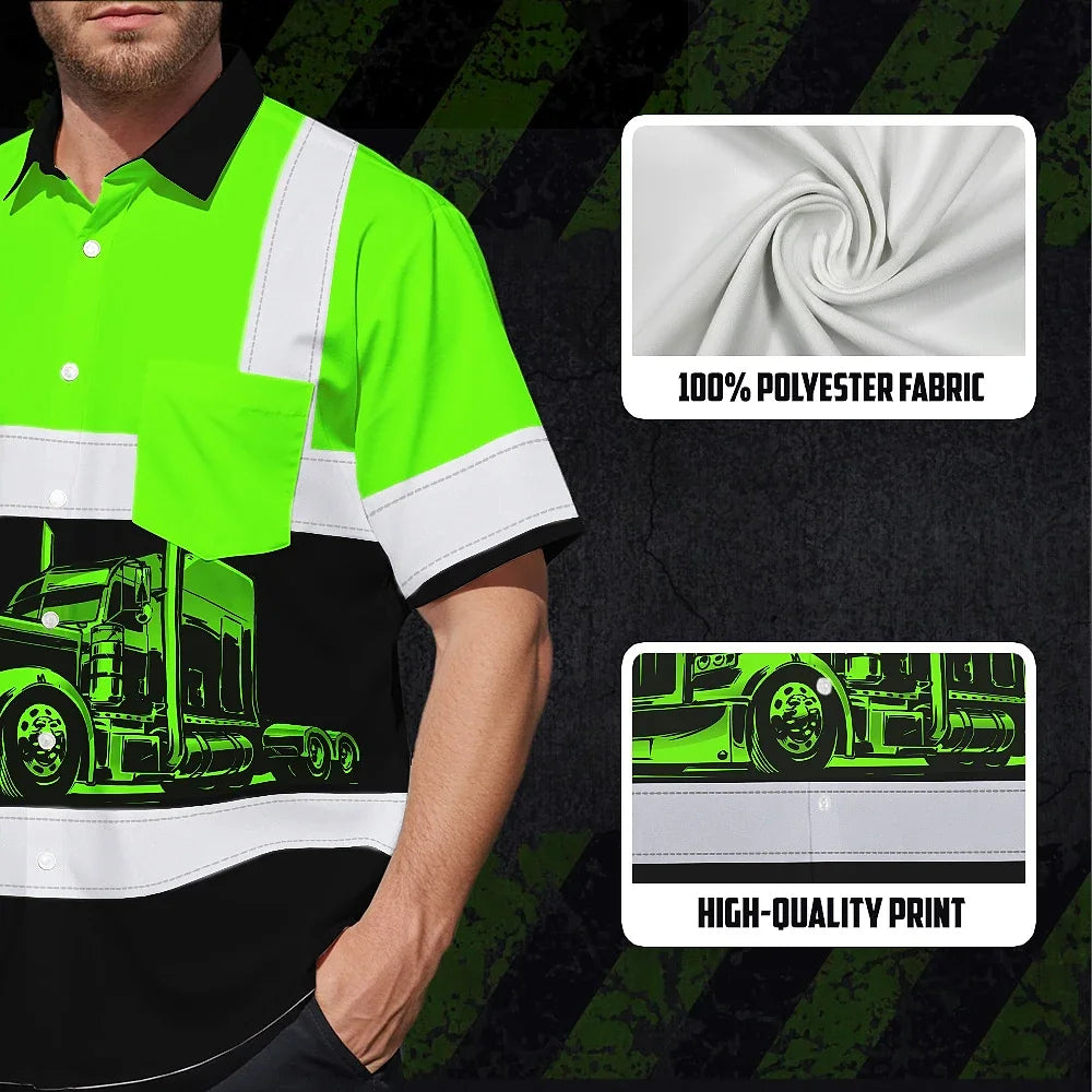 Hi Vis Hawaiian Shirt Reflective Tapes Green Semi Truck Driver Custom Name Safety