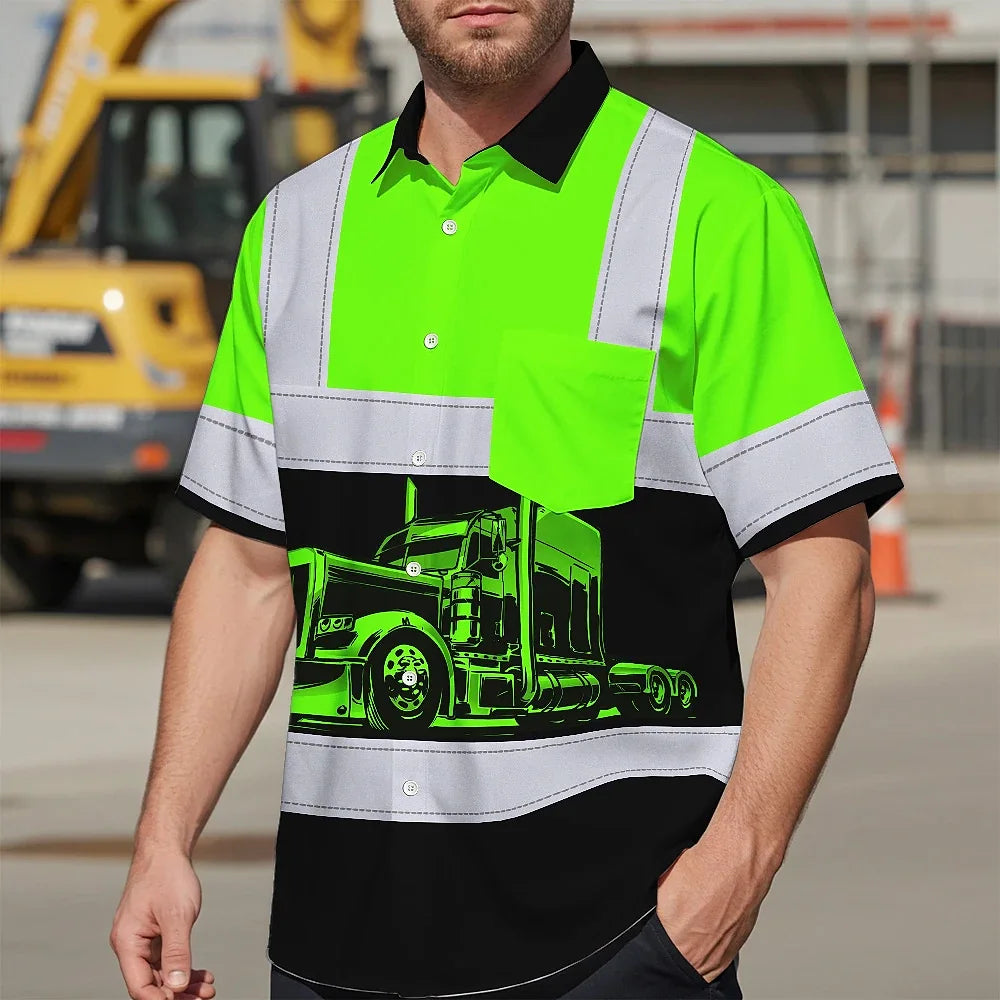 Hi Vis Hawaiian Shirt Reflective Tapes Green Semi Truck Driver Custom Name Safety