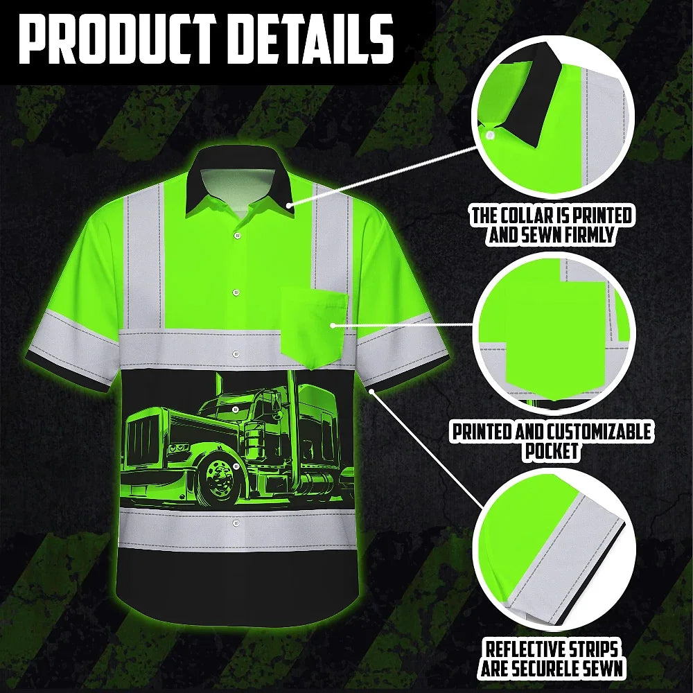 Hi Vis Hawaiian Shirt Reflective Tapes Green Semi Truck Driver Custom Name Safety