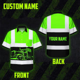 Hi Vis Hawaiian Shirt Reflective Tapes Green Semi Truck Driver Custom Name Safety