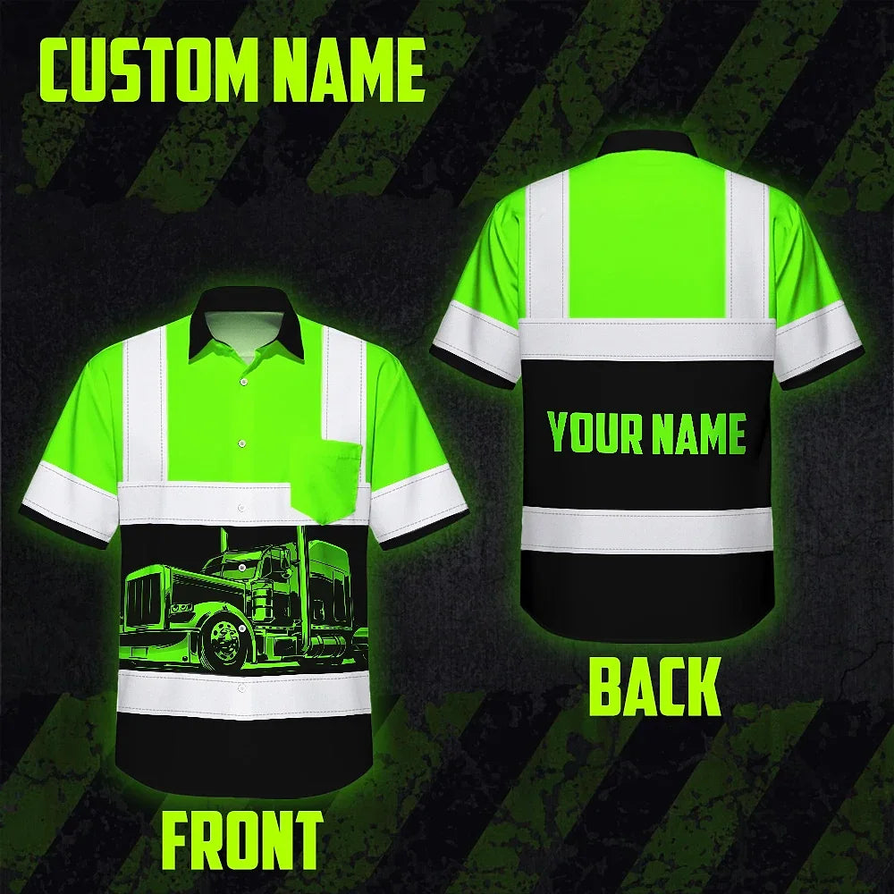 Hi Vis Hawaiian Shirt Reflective Tapes Green Semi Truck Driver Custom Name Safety