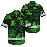 Hi Vis Hawaiian Shirt Reflective Tapes Green Skull Boat Custom Name Safety Workwear For Workers, Truckers, Operators