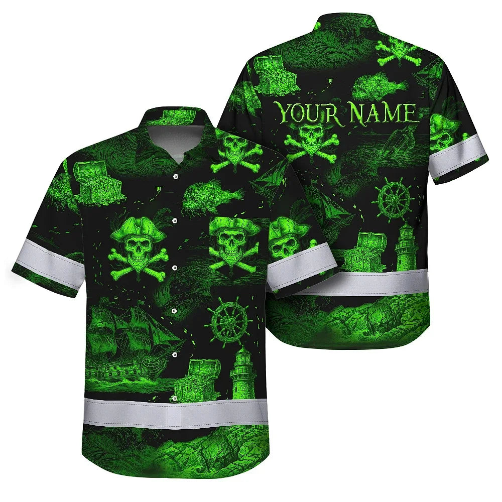 Hi Vis Hawaiian Shirt Reflective Tapes Green Skull Boat Custom Name Safety Workwear For Workers, Truckers, Operators