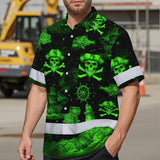Hi Vis Hawaiian Shirt Reflective Tapes Green Skull Boat Custom Name Safety Workwear For Workers, Truckers, Operators