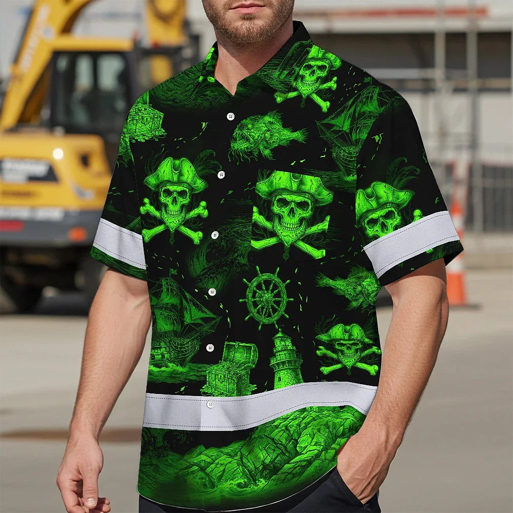 Hi Vis Hawaiian Shirt Reflective Tapes Green Skull Boat Custom Name Safety Workwear For Workers, Truckers, Operators