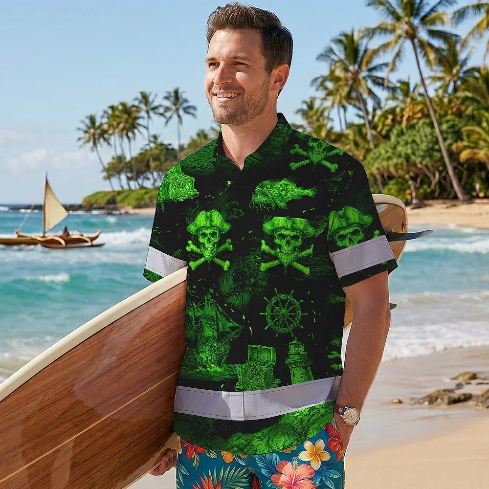 Hi Vis Hawaiian Shirt Reflective Tapes Green Skull Boat Custom Name Safety Workwear For Workers, Truckers, Operators
