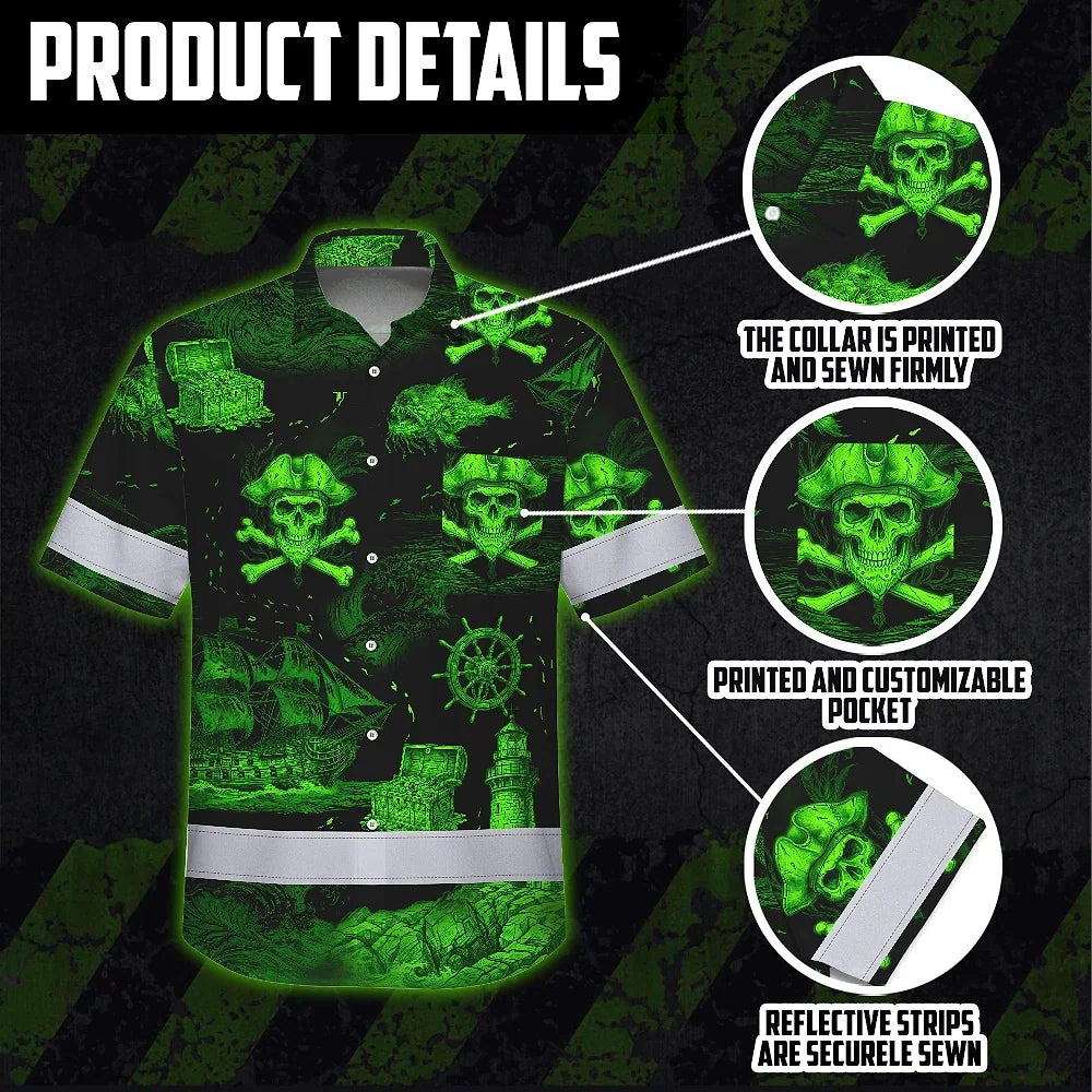 Hi Vis Hawaiian Shirt Reflective Tapes Green Skull Boat Custom Name Safety Workwear For Workers, Truckers, Operators